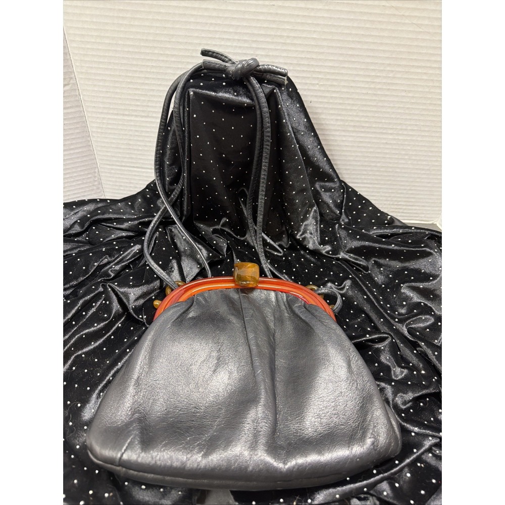 Vintage Ande' Leather Black Bakelite Snap Closure Purse Bag Silk Lining 1960s